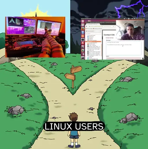 Meme template of a person choosing two paths to good or evil. First path is an arch user wearing socks. Second path is Terry Davis contacting the CIA.
